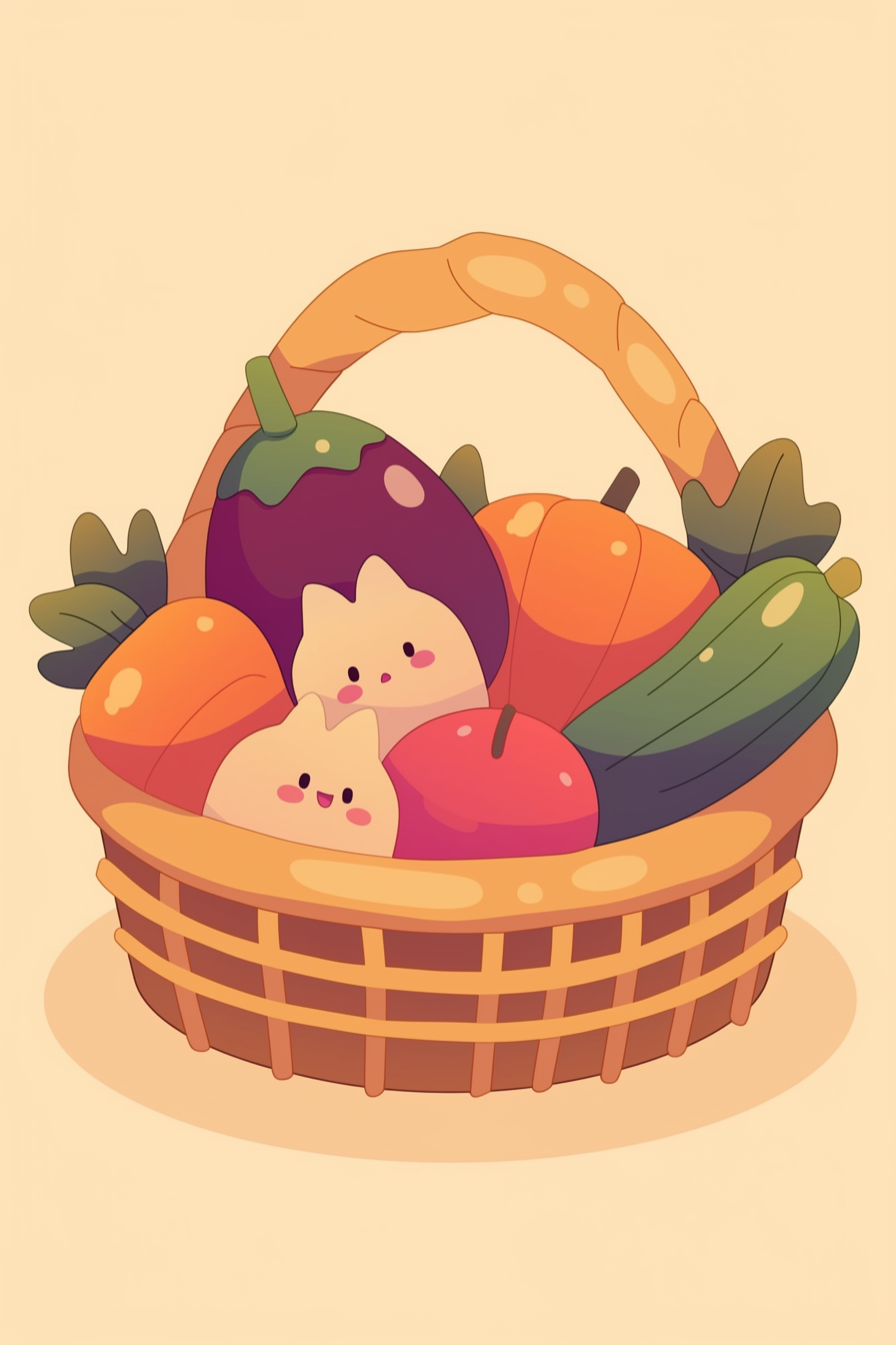 Thanksgiving food drawing ideas featuring a vibrant harvest basket filled with various fruits and vegetables.